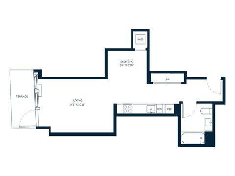 Floor plan for studio, 1 bath, 491 sqft
